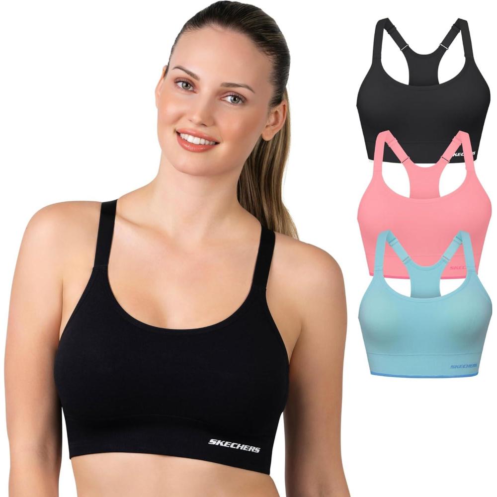 imageSkechers 3 Pack Womens Sports Bra Sostn Deportivo Racerback Keyhole Athletic Yoga MultipackBlackPinkBlue