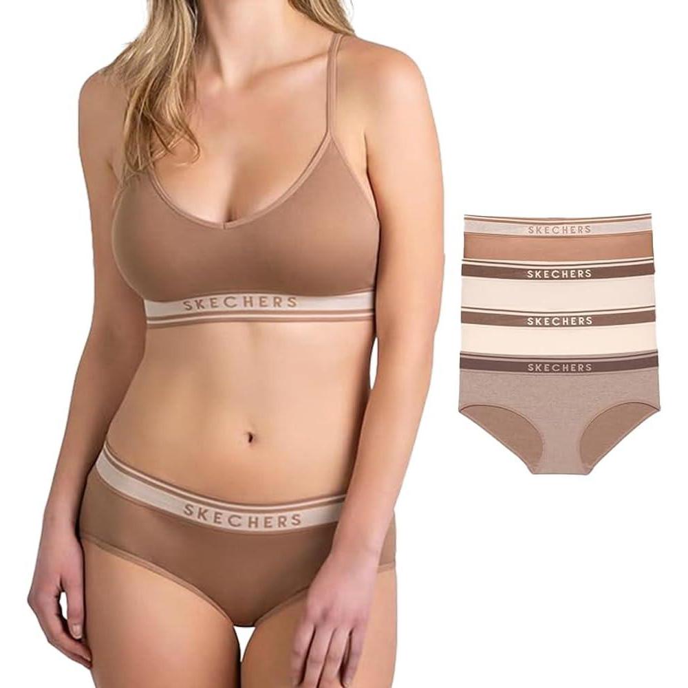 imageSkechers 4 Pack Womens Undwear Solid Seamless Panty with Logo Ropa Interior Sin Costuras Moisture WickingBrownShadeNudeBlush