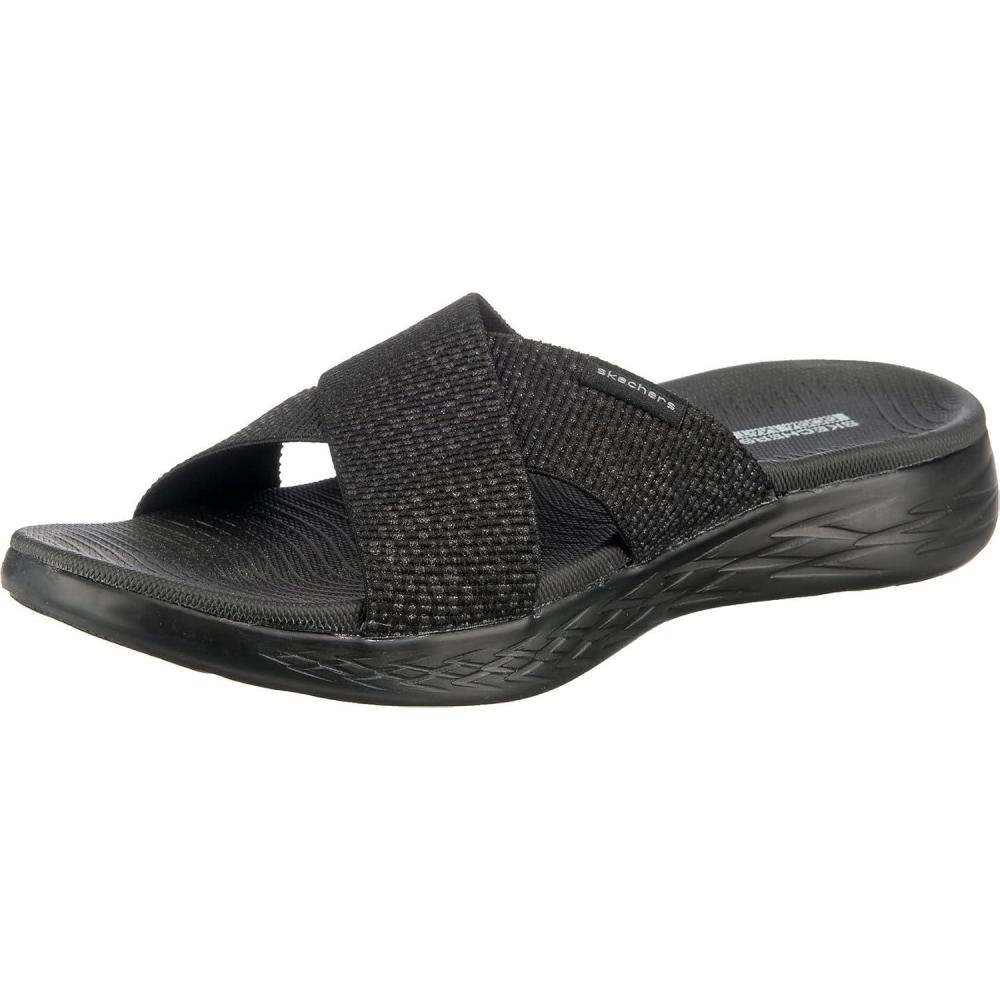 imageSkechers womens Onthego 600 Glistening Metallic Mesh Slide SandalsBlackBlack