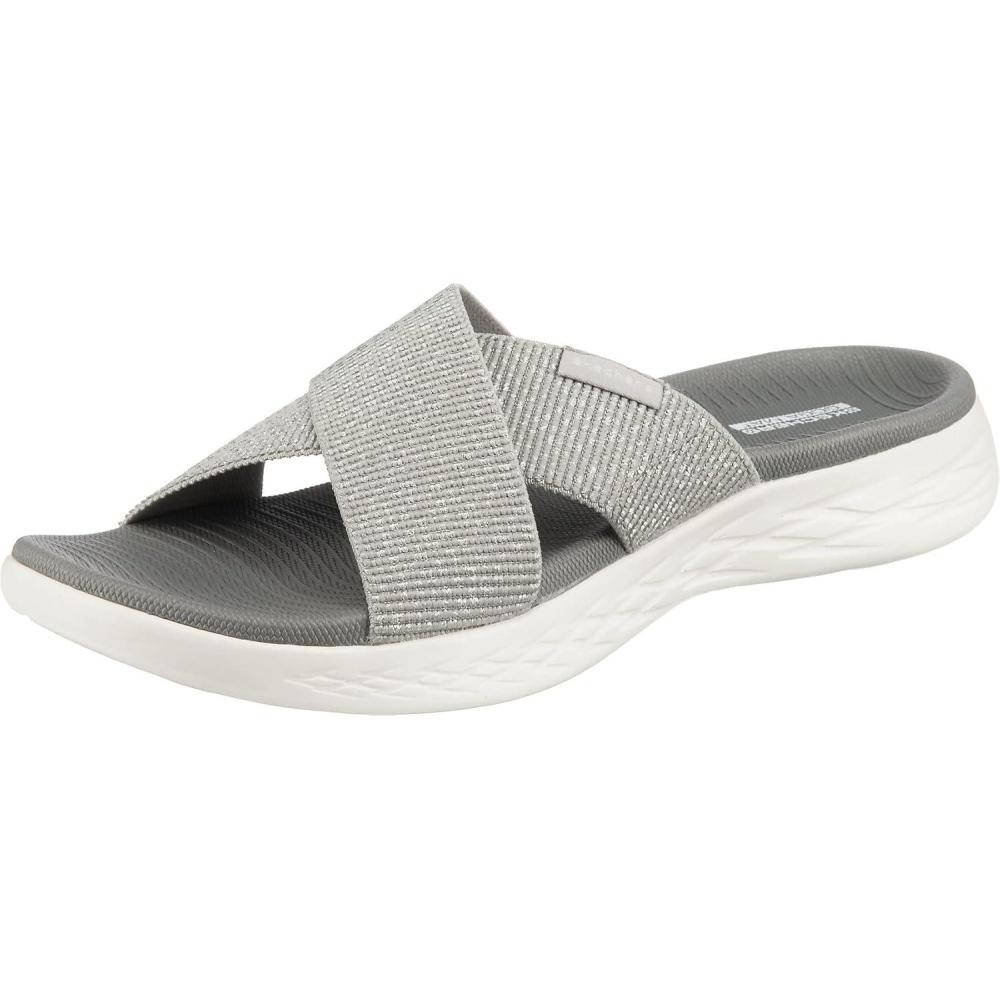 imageSkechers womens Onthego 600 Glistening Metallic Mesh Slide SandalsSilver
