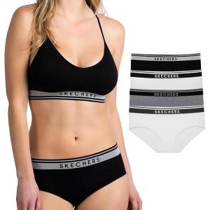 Skechers 4 Pack Womens Undwear, Solid Seamless Panty with Logo, Ropa Interior Sin Costuras, Moisture Wicking(Black/Grey/Light/White)