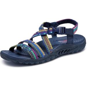 Skechers womens Reggae – Sew Me – Boho Woven Strappy Slingback(Navy Multi)