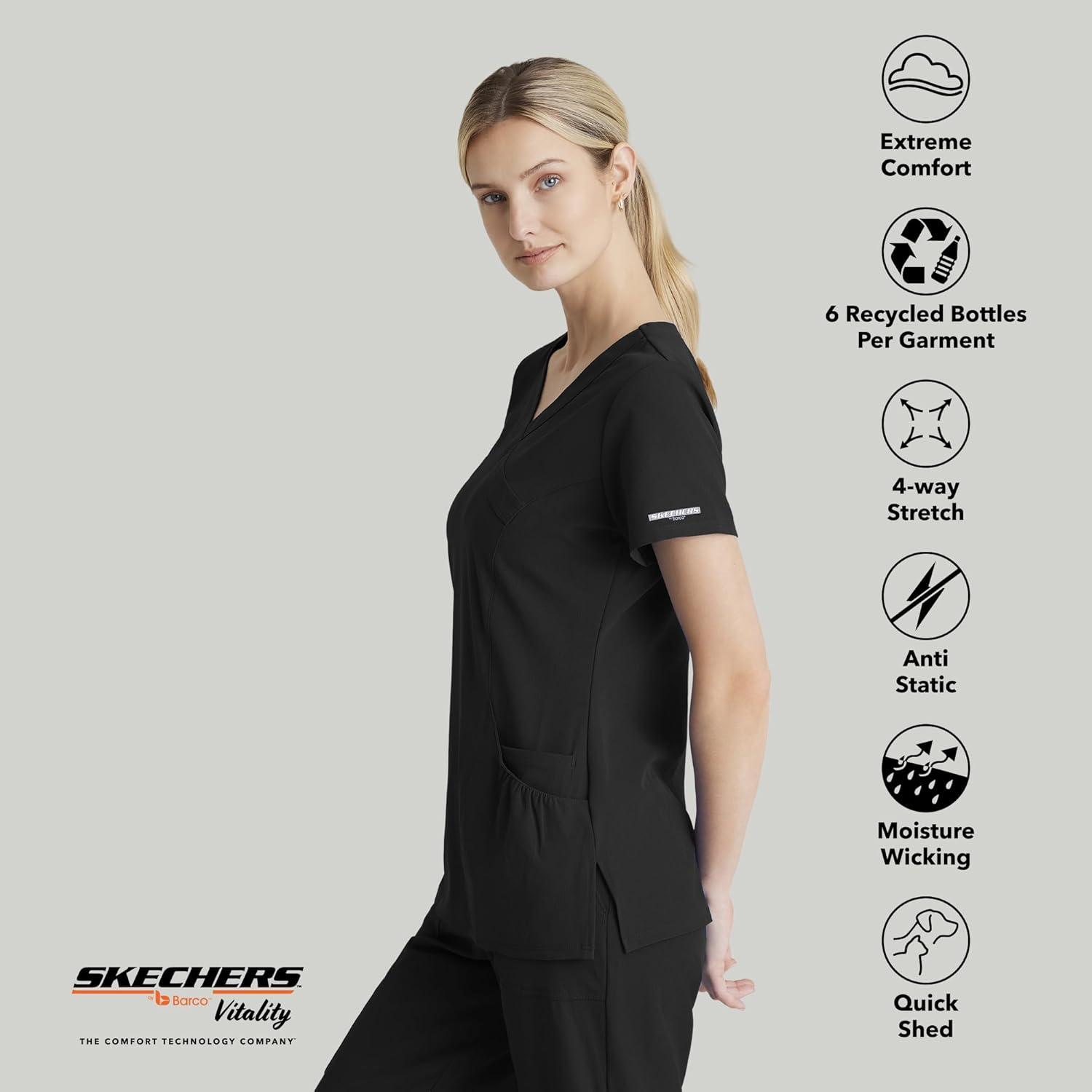imageBARCO Skechers Vitality Charge Scrub Top for Women VNeck Medical Top 4Way Stretch Womens Scrub TopBlack