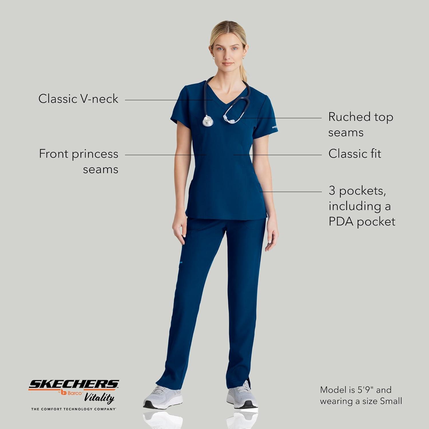 imageBARCO Skechers Vitality Charge Scrub Top for Women VNeck Medical Top 4Way Stretch Womens Scrub TopNavy