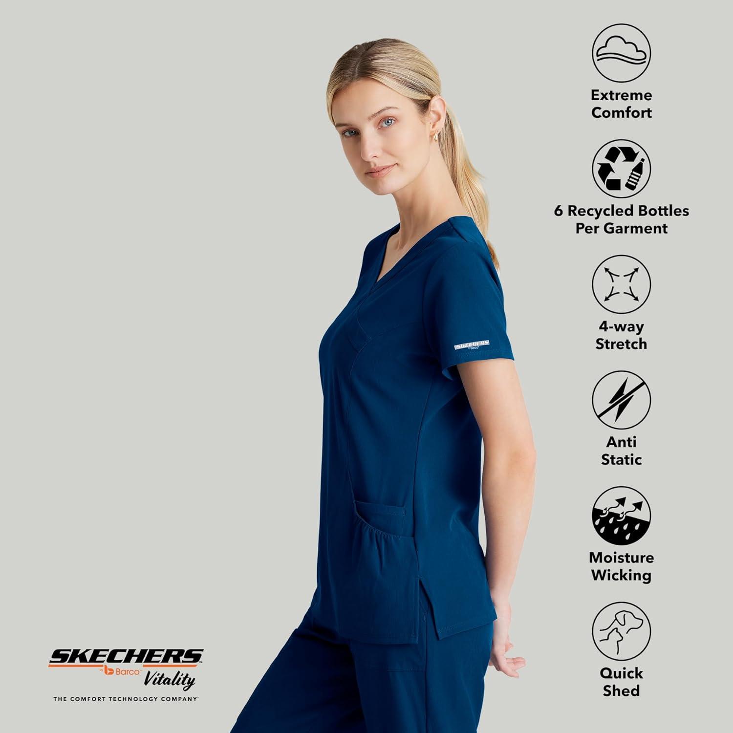 imageBARCO Skechers Vitality Charge Scrub Top for Women VNeck Medical Top 4Way Stretch Womens Scrub TopNavy
