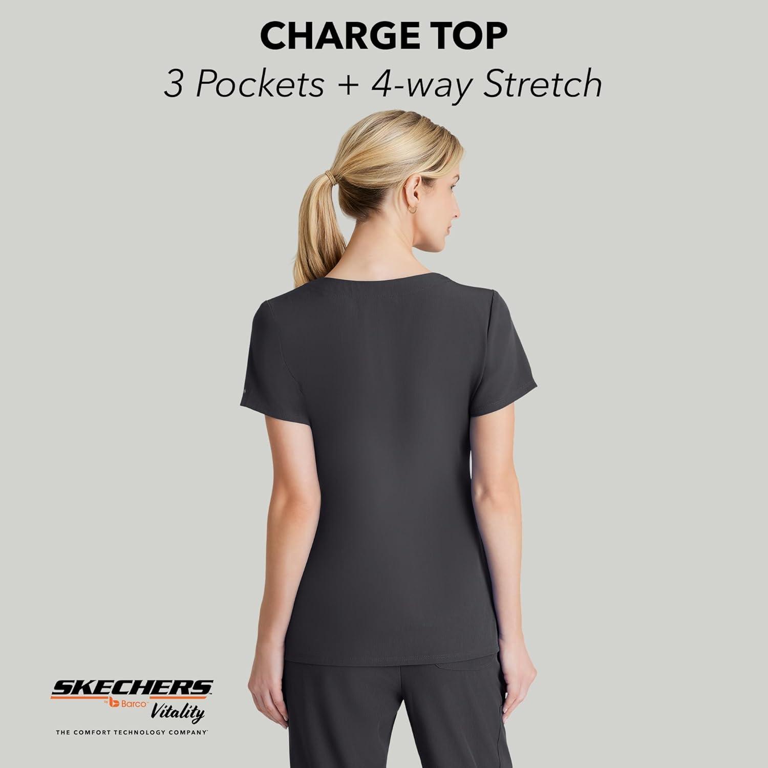imageBARCO Skechers Vitality Charge Scrub Top for Women VNeck Medical Top 4Way Stretch Womens Scrub TopPewter