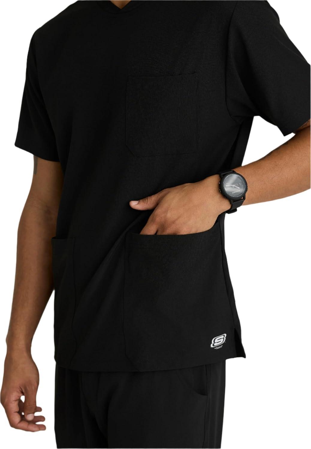 imageBARCO Skechers Vitality Crew Scrub Top for Men Crossover VNeck Medical Top 4Way Stretch Mens Scrub TopBlack