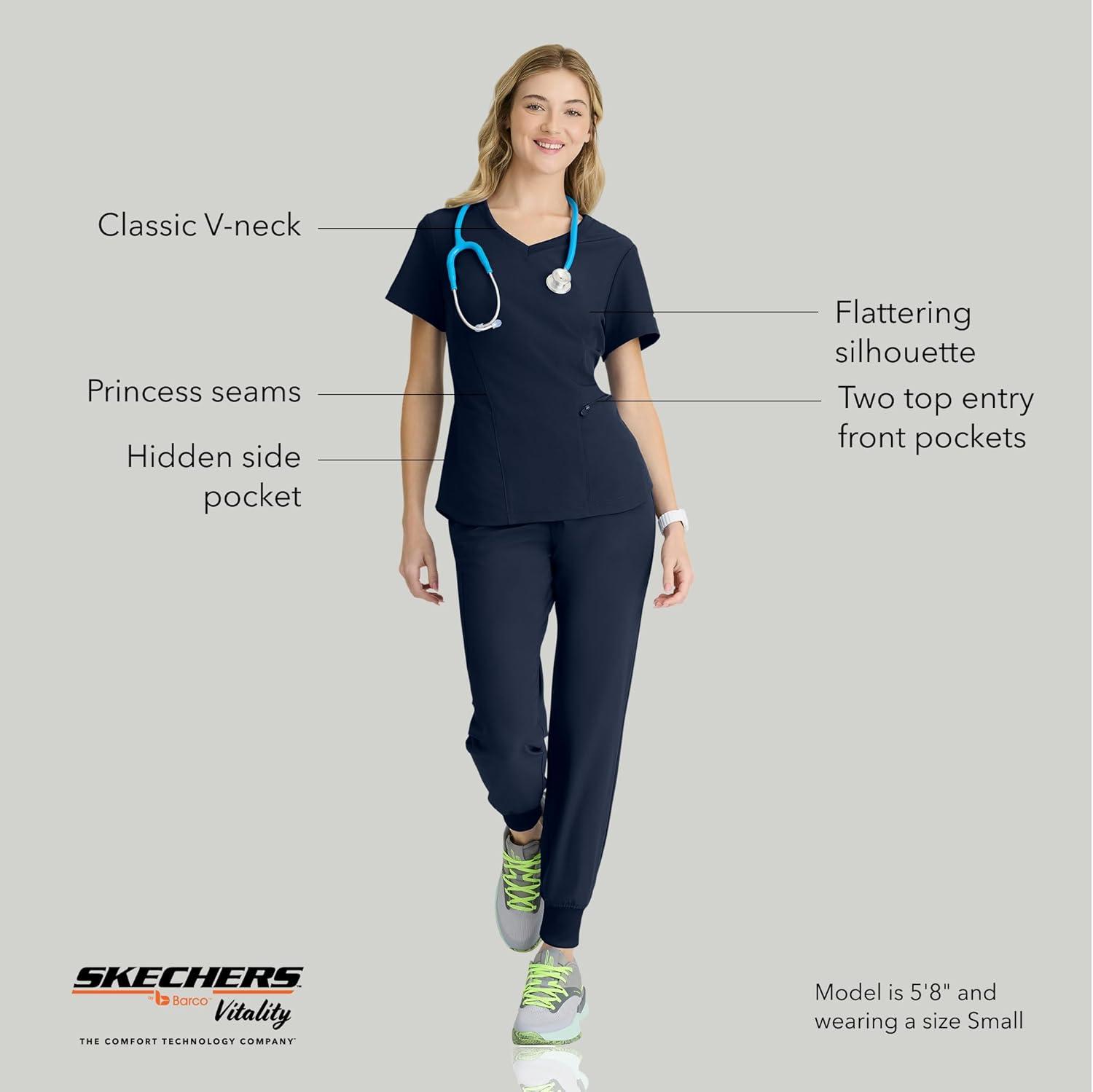 imageBARCO Skechers Vitality Electra Classic Fit Scrub Top for Womens 3Pocket VNeck Top with Moisture Wicking FabricNavy