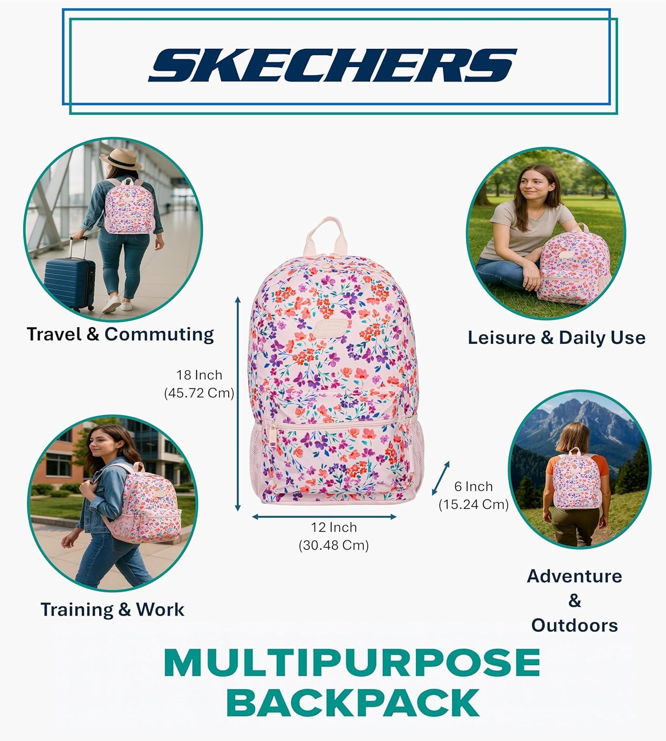 imageSkechers 365 Essential Travel Backpack for Women ampamp Men College Backpack Laptop Bag Multipurpose Back Pack ampamp Book Bag Black ampamp WhiteFloral