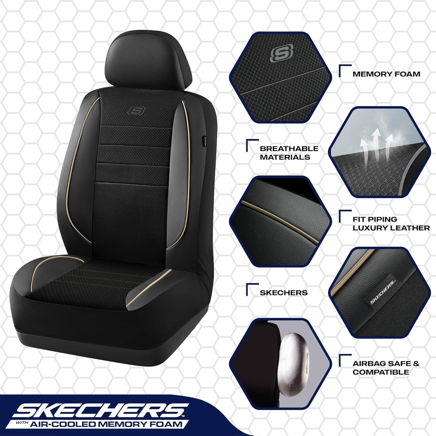 imageSkechers AirCooled Memory Foam Seat CoversMesh Thick Car Seat CoversPiping Leather Car Seat Covers Front SeatsAirbag CompatibleAutomotive Comfort Universal FitMost CarsVansTruckSUVBlackBlack and Beige