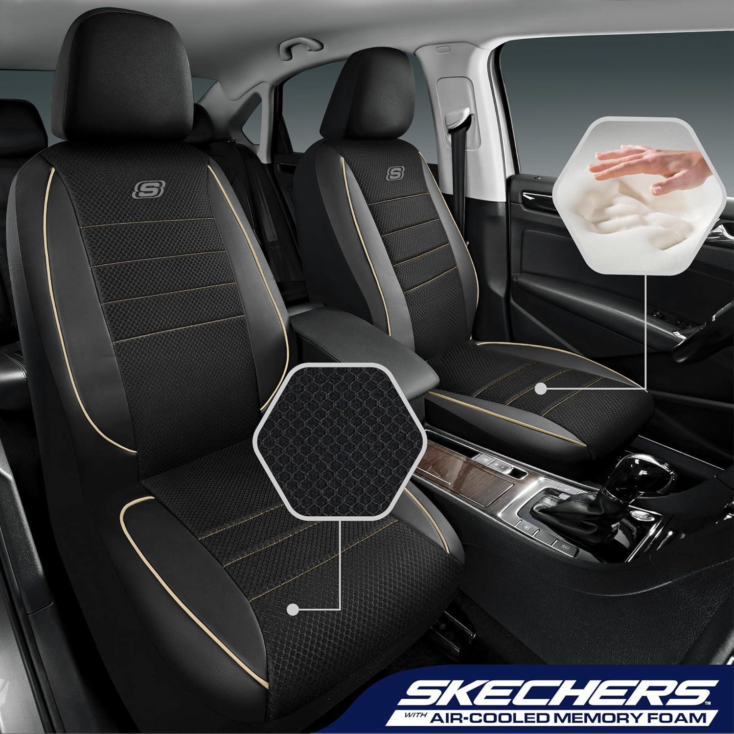 imageSkechers AirCooled Memory Foam Seat CoversMesh Thick Car Seat CoversPiping Leather Car Seat Covers Front SeatsAirbag CompatibleAutomotive Comfort Universal FitMost CarsVansTruckSUVBlackBlack and Beige