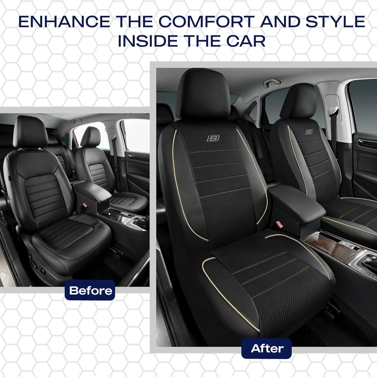 imageSkechers AirCooled Memory Foam Seat CoversMesh Thick Car Seat CoversPiping Leather Car Seat Covers Front SeatsAirbag CompatibleAutomotive Comfort Universal FitMost CarsVansTruckSUVBlackBlack and Beige