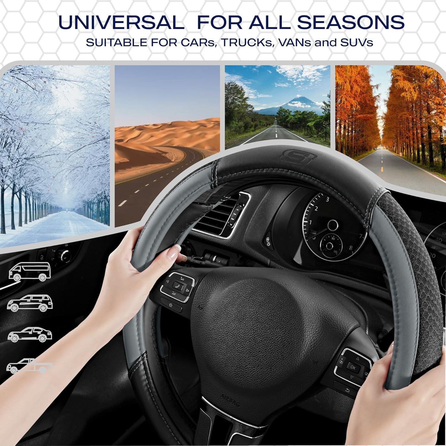 imageSkechers AirCooled Steering Wheel CoverLeather Car Steering Wheel Cover Universal Fit 14quot 1215quot Car Wheel Protector for Men Women Fit SuvsVansSedansCarTrucksBlackGrey