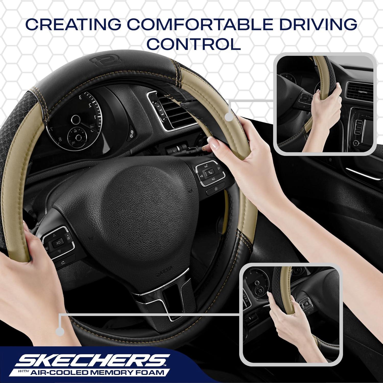 imageSkechers AirCooled Steering Wheel CoverLeather Car Steering Wheel Cover Universal Fit 14quot 1215quot Car Wheel Protector for Men Women Fit SuvsVansSedansCarTrucksBlackBeige