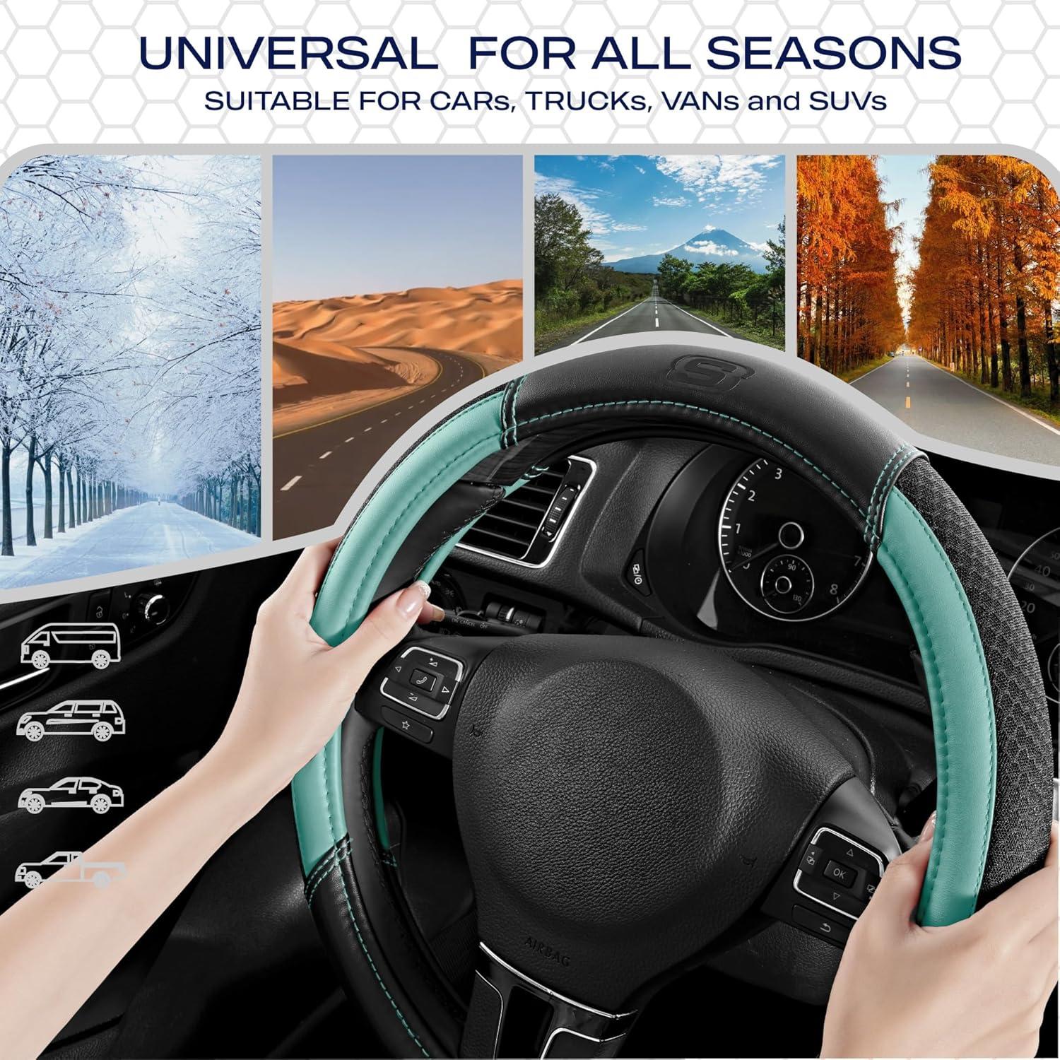 imageSkechers AirCooled Steering Wheel CoverLeather Car Steering Wheel Cover Universal Fit 14quot 1215quot Car Wheel Protector for Men Women Fit SuvsVansSedansCarTrucksBlackMint