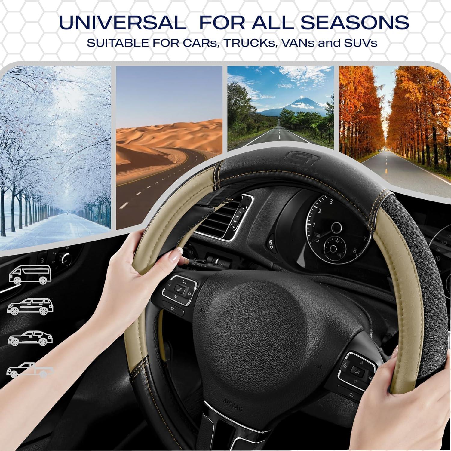 imageSkechers AirCooled Steering Wheel CoverLeather Car Steering Wheel Cover Universal Fit 14quot 1215quot Car Wheel Protector for Men Women Fit SuvsVansSedansCarTrucksBlackBeige