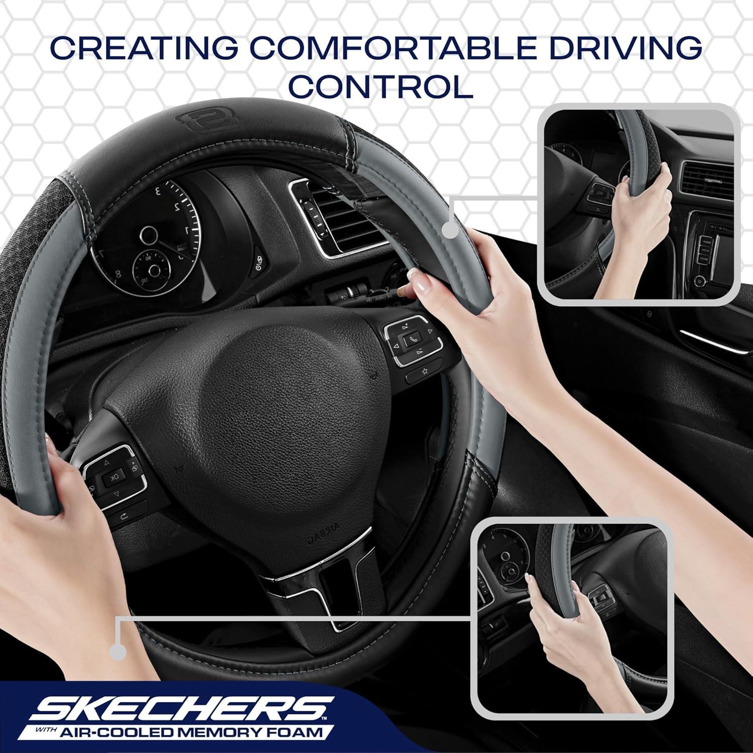 imageSkechers AirCooled Steering Wheel CoverLeather Car Steering Wheel Cover Universal Fit 14quot 1215quot Car Wheel Protector for Men Women Fit SuvsVansSedansCarTrucksBlackGrey