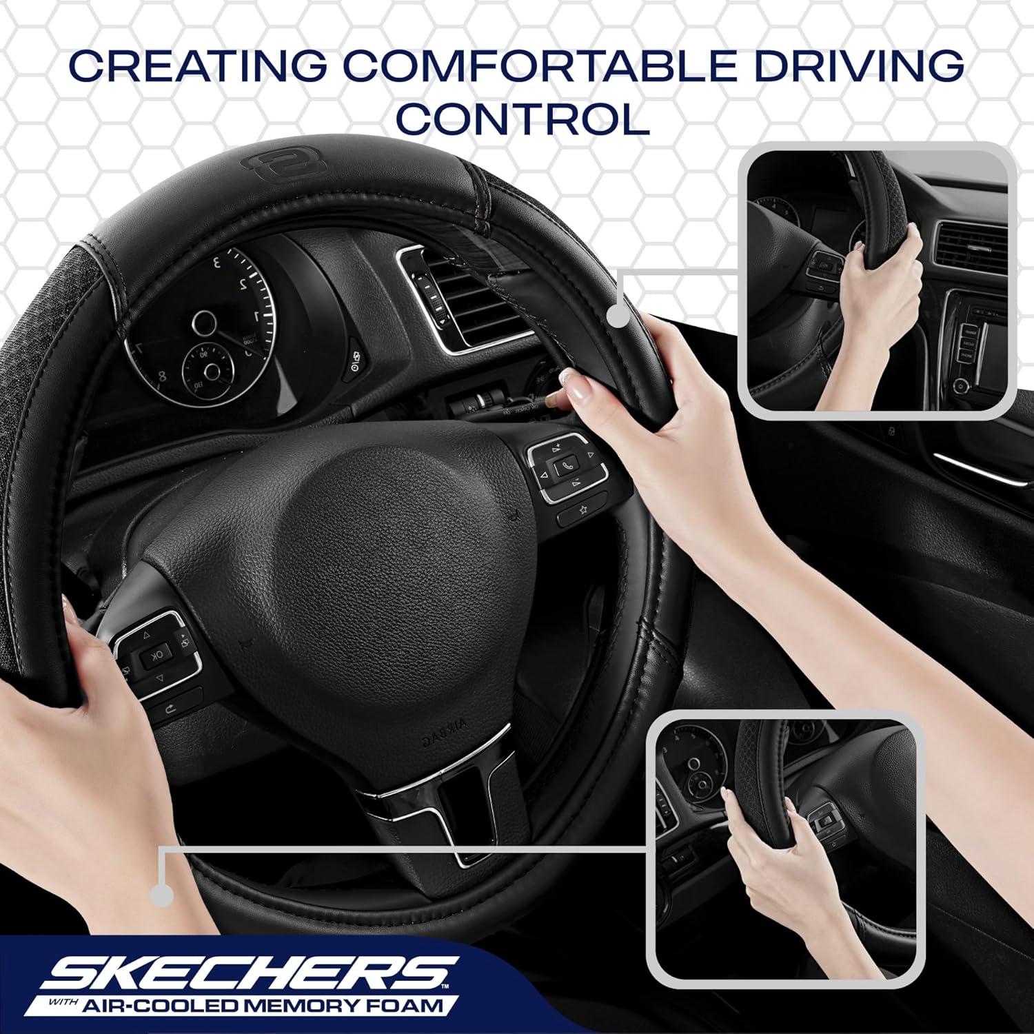 imageSkechers AirCooled Steering Wheel CoverLeather Car Steering Wheel Cover Universal Fit 14quot 1215quot Car Wheel Protector for Men Women Fit SuvsVansSedansCarTrucksBlackBlack