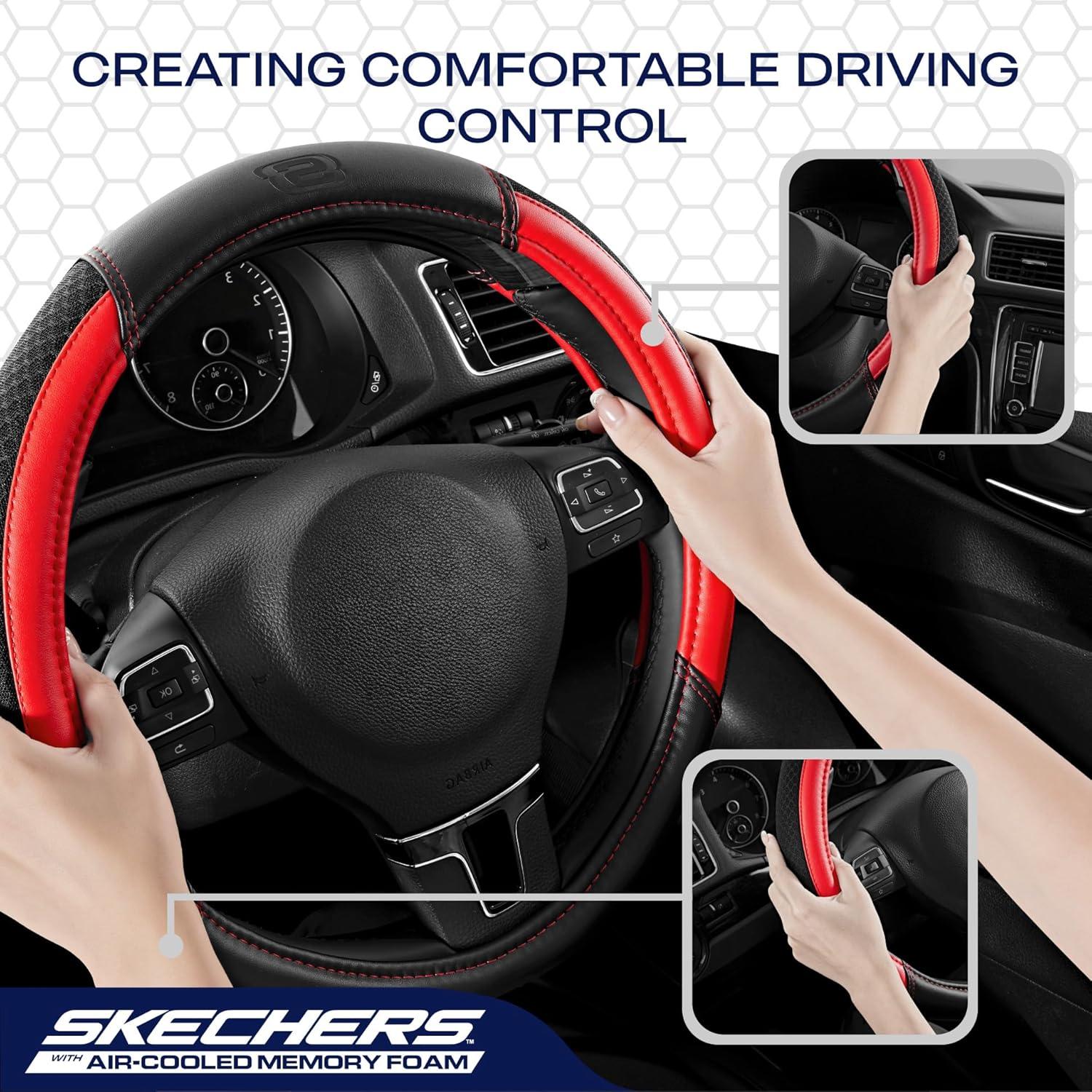 imageSkechers AirCooled Steering Wheel CoverLeather Car Steering Wheel Cover Universal Fit 14quot 1215quot Car Wheel Protector for Men Women Fit SuvsVansSedansCarTrucksBlackRed