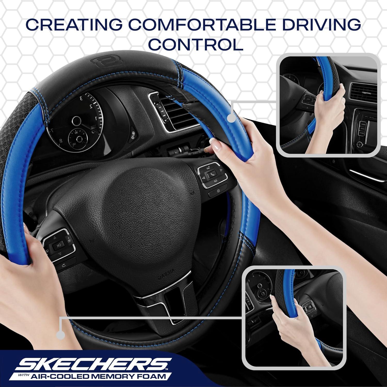 imageSkechers AirCooled Steering Wheel CoverLeather Car Steering Wheel Cover Universal Fit 14quot 1215quot Car Wheel Protector for Men Women Fit SuvsVansSedansCarTrucksBlackBLue