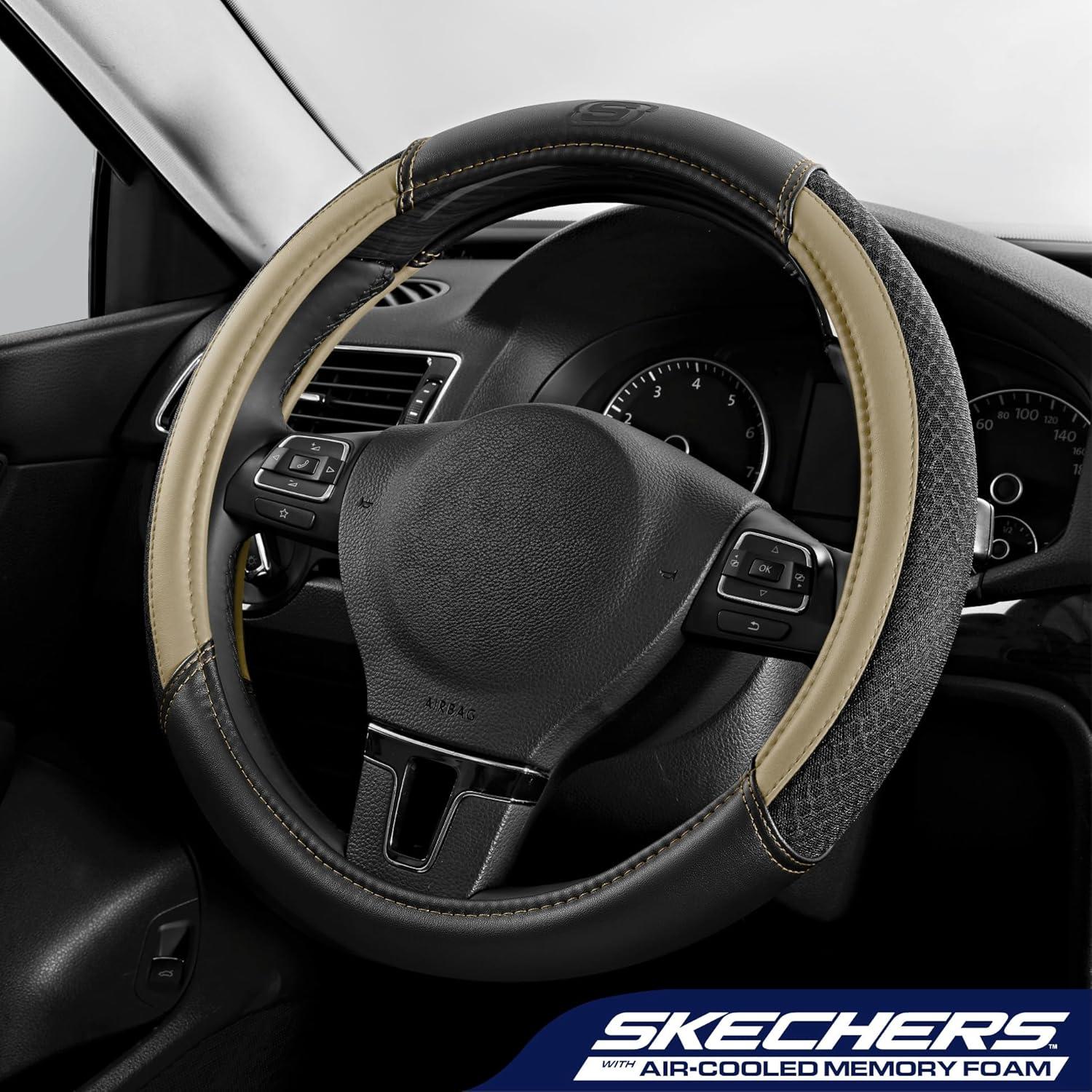 imageSkechers AirCooled Steering Wheel CoverLeather Car Steering Wheel Cover Universal Fit 14quot 1215quot Car Wheel Protector for Men Women Fit SuvsVansSedansCarTrucksBlackBeige