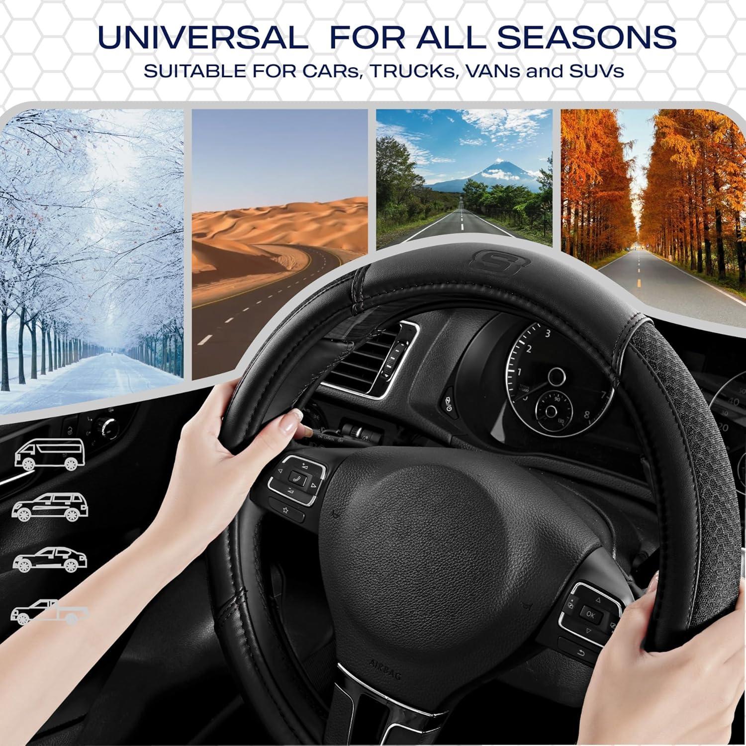 imageSkechers AirCooled Steering Wheel CoverLeather Car Steering Wheel Cover Universal Fit 14quot 1215quot Car Wheel Protector for Men Women Fit SuvsVansSedansCarTrucksBlackBlack