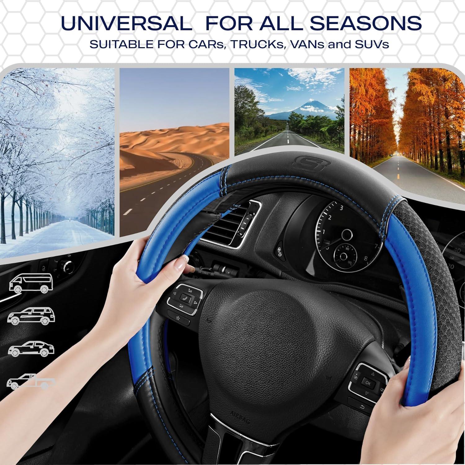 imageSkechers AirCooled Steering Wheel CoverLeather Car Steering Wheel Cover Universal Fit 14quot 1215quot Car Wheel Protector for Men Women Fit SuvsVansSedansCarTrucksBlackBLue