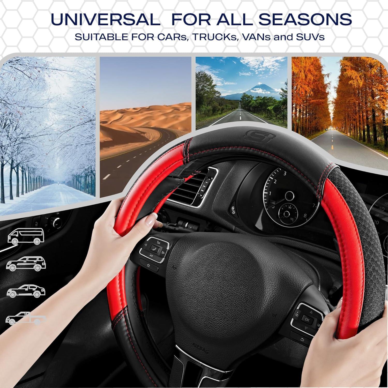 imageSkechers AirCooled Steering Wheel CoverLeather Car Steering Wheel Cover Universal Fit 14quot 1215quot Car Wheel Protector for Men Women Fit SuvsVansSedansCarTrucksBlackRed