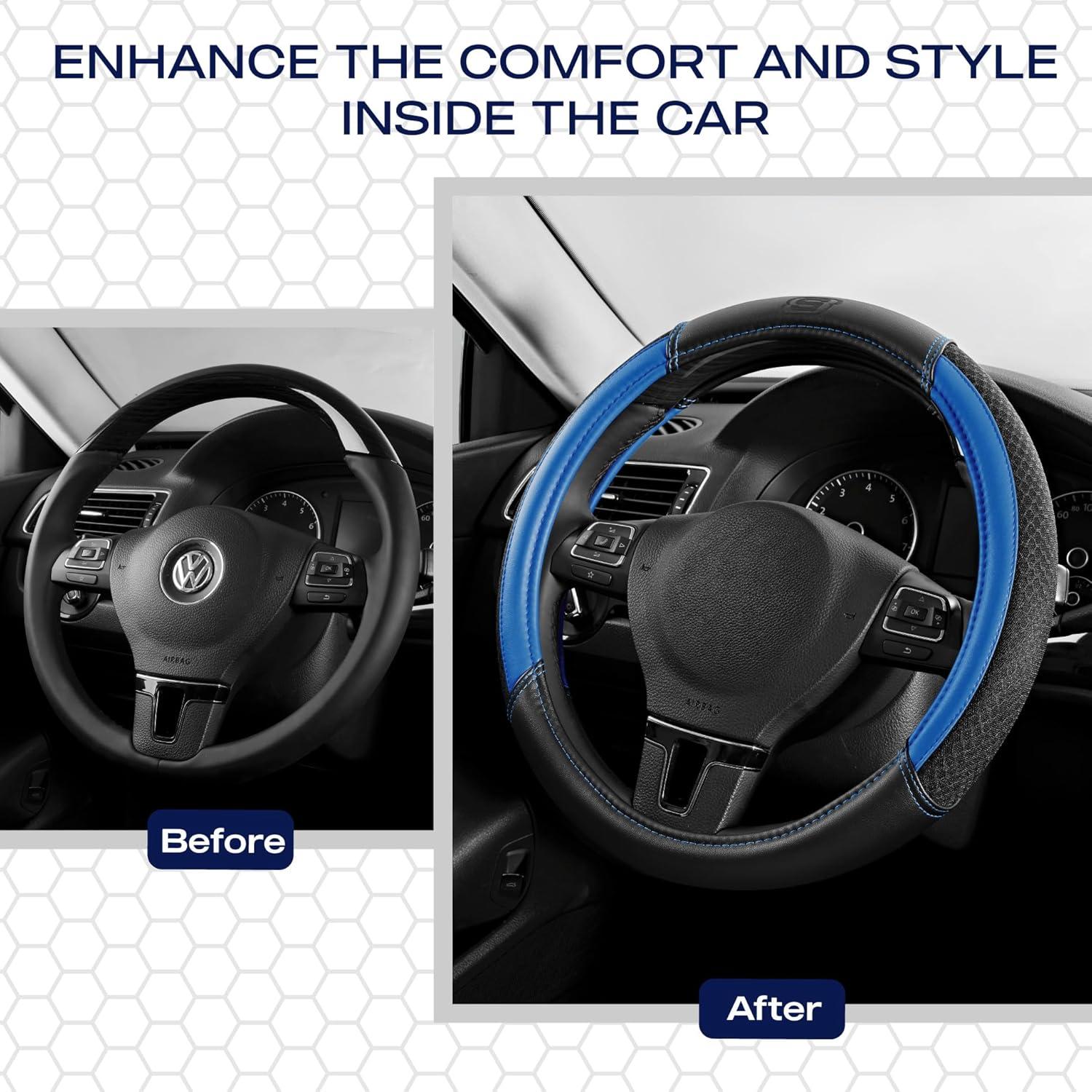 imageSkechers AirCooled Steering Wheel CoverLeather Car Steering Wheel Cover Universal Fit 14quot 1215quot Car Wheel Protector for Men Women Fit SuvsVansSedansCarTrucksBlackBLue