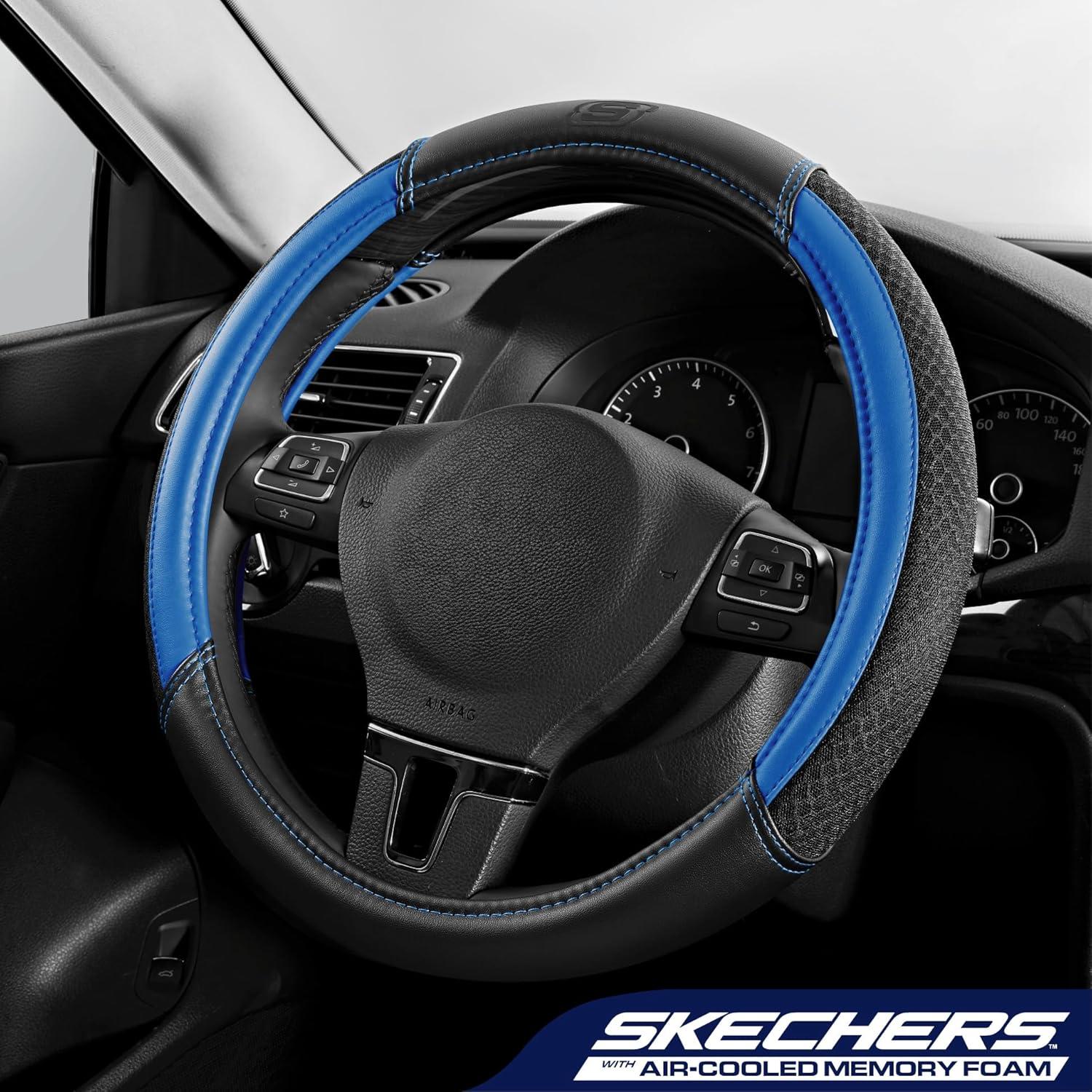 imageSkechers AirCooled Steering Wheel CoverLeather Car Steering Wheel Cover Universal Fit 14quot 1215quot Car Wheel Protector for Men Women Fit SuvsVansSedansCarTrucksBlackBLue