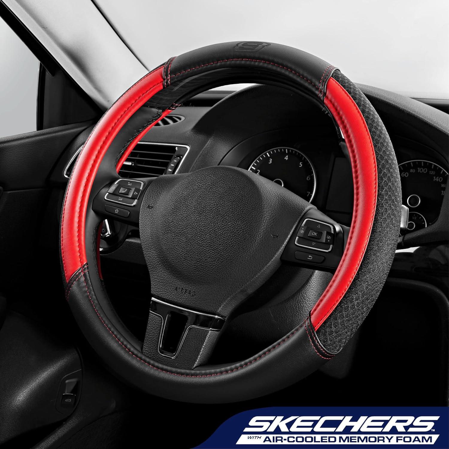imageSkechers AirCooled Steering Wheel CoverLeather Car Steering Wheel Cover Universal Fit 14quot 1215quot Car Wheel Protector for Men Women Fit SuvsVansSedansCarTrucksBlackRed