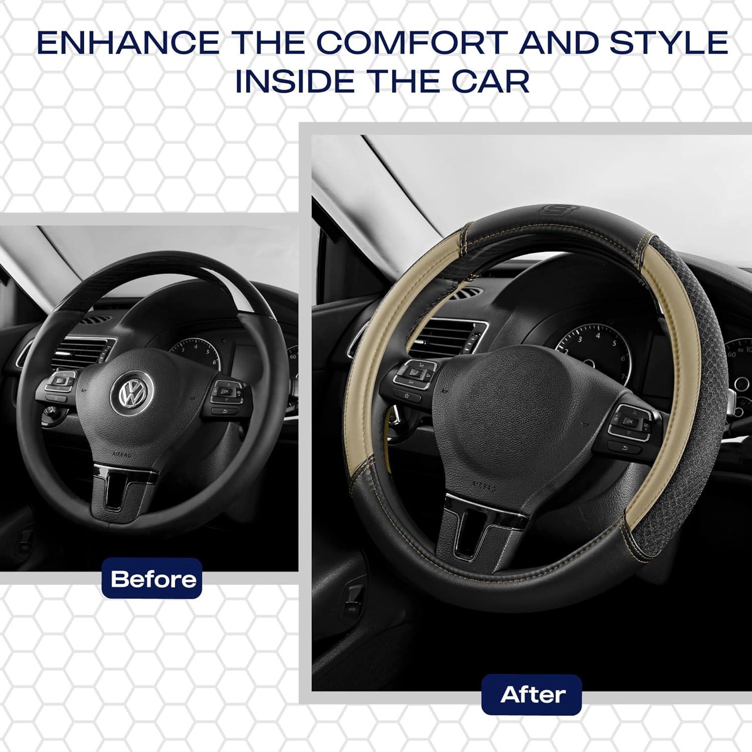 imageSkechers AirCooled Steering Wheel CoverLeather Car Steering Wheel Cover Universal Fit 14quot 1215quot Car Wheel Protector for Men Women Fit SuvsVansSedansCarTrucksBlackBeige
