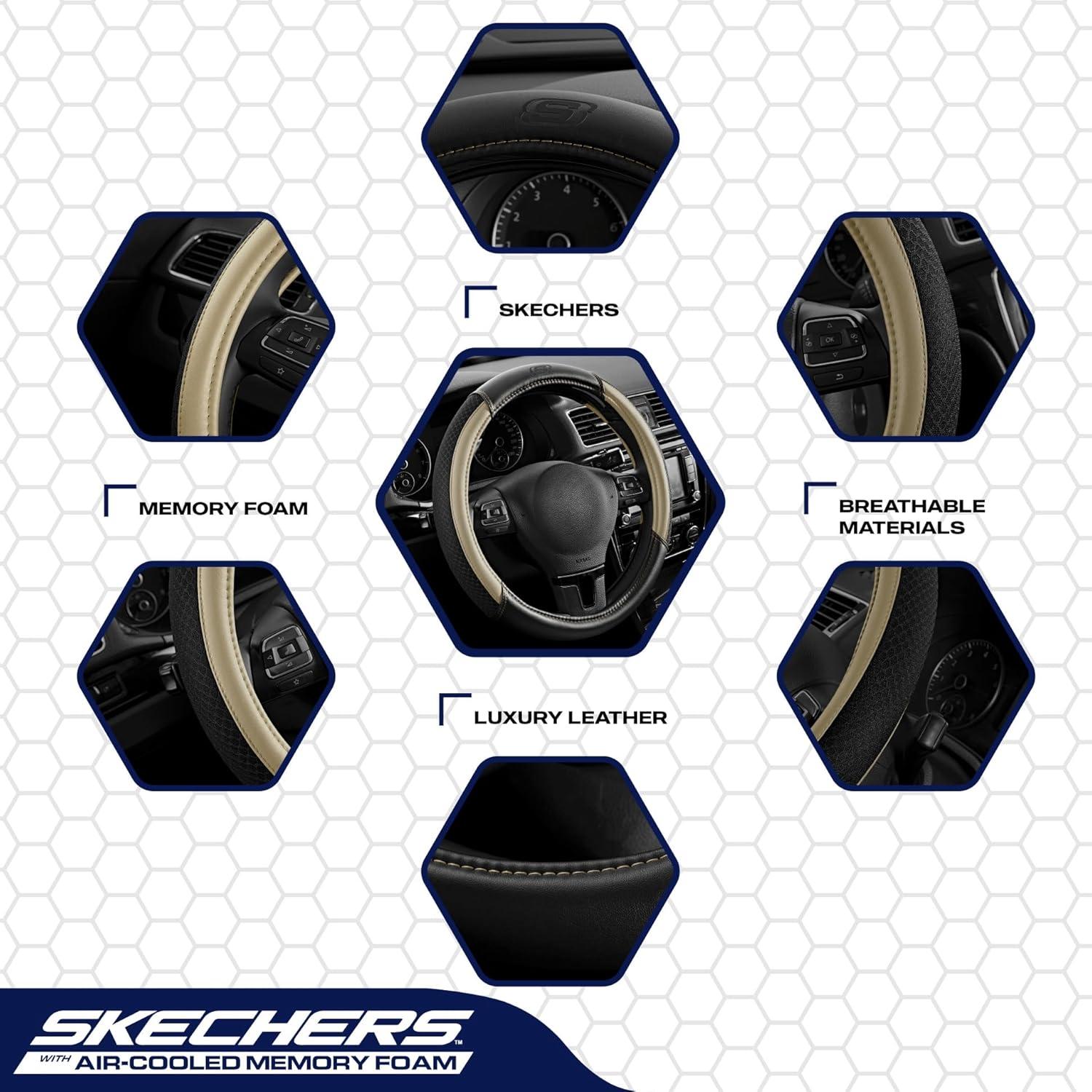 imageSkechers AirCooled Steering Wheel CoverLeather Car Steering Wheel Cover Universal Fit 14quot 1215quot Car Wheel Protector for Men Women Fit SuvsVansSedansCarTrucksBlackBeige