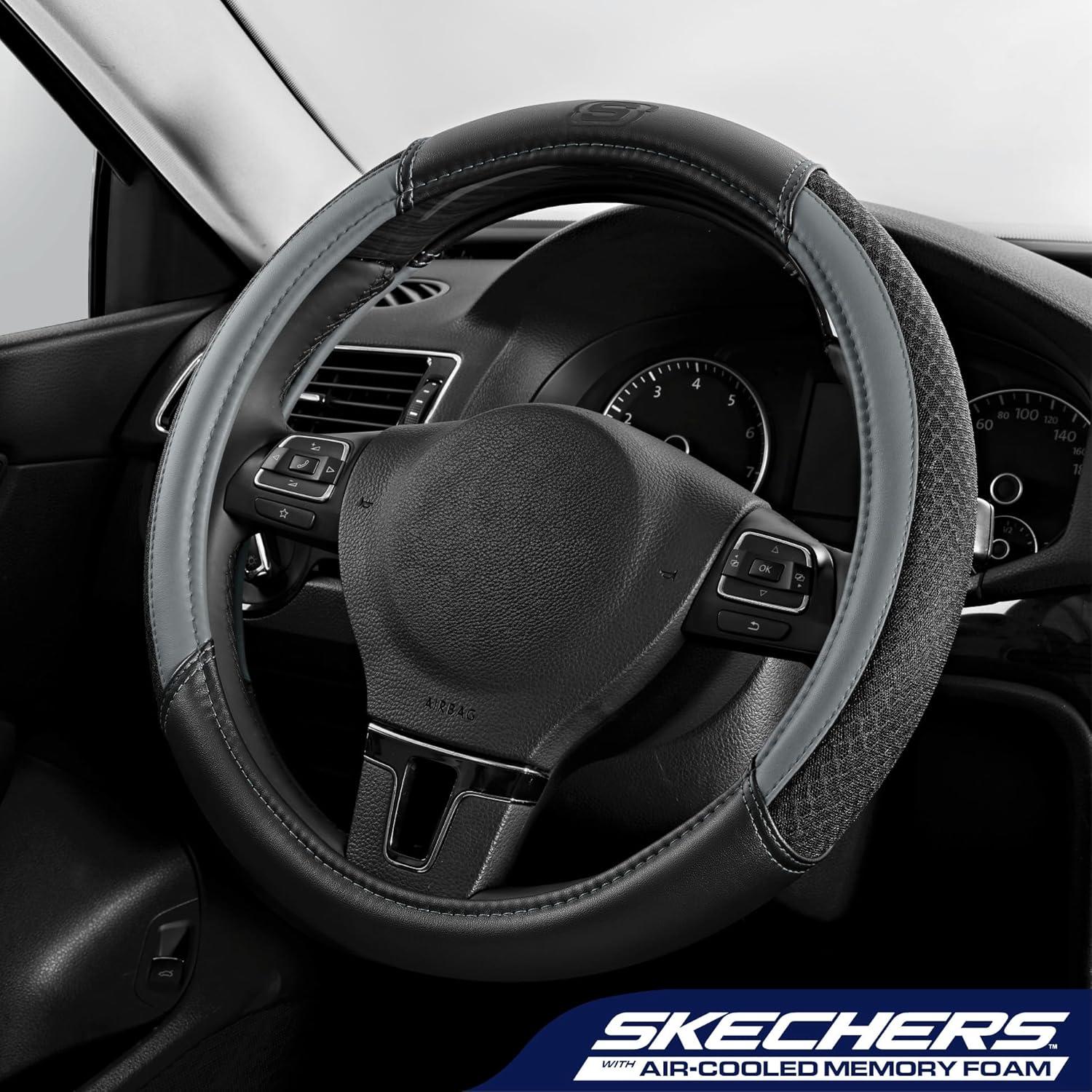 imageSkechers AirCooled Steering Wheel CoverLeather Car Steering Wheel Cover Universal Fit 14quot 1215quot Car Wheel Protector for Men Women Fit SuvsVansSedansCarTrucksBlackGrey