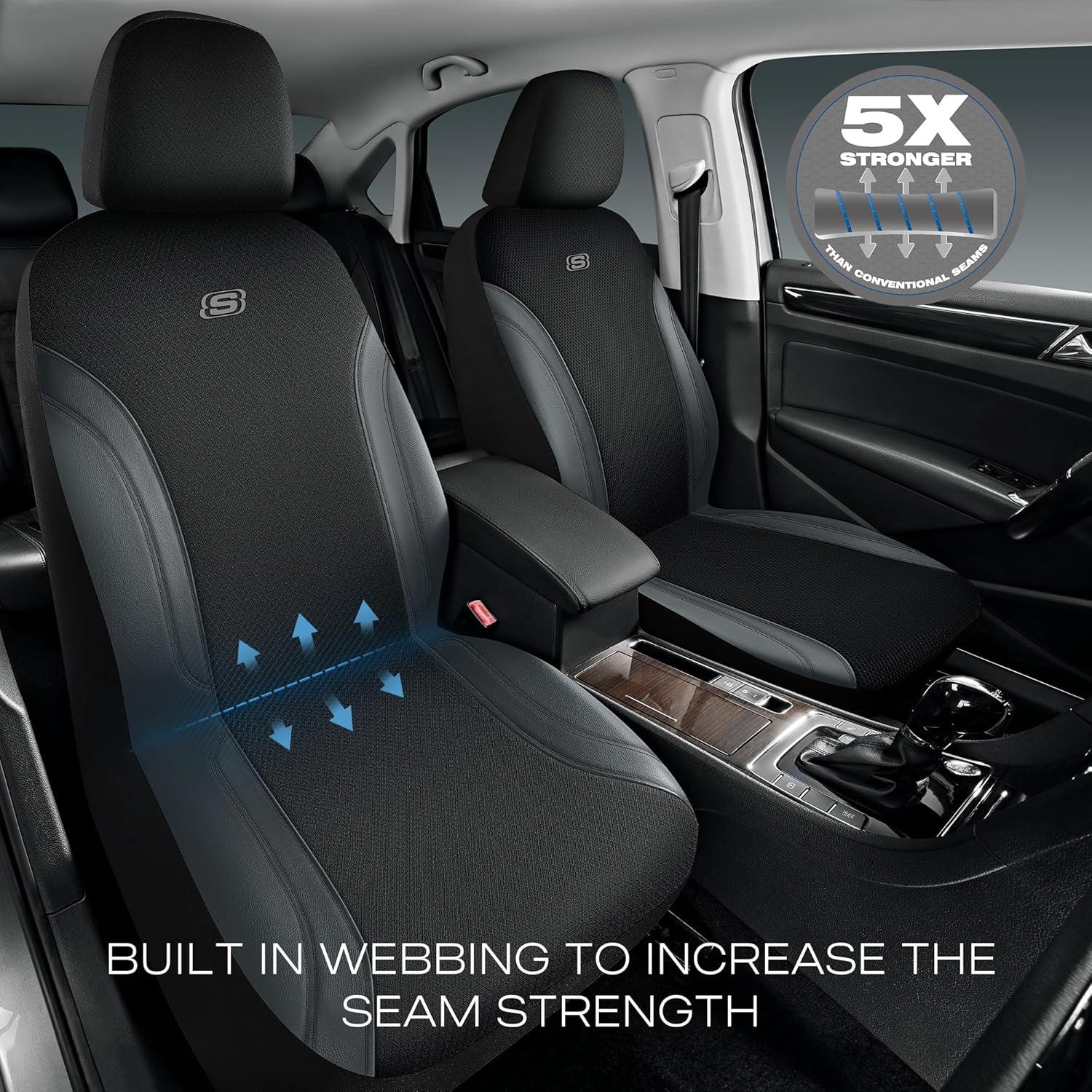 imageSkechers Car Seat Covers Work Leather Seat Covers 5Times Stronger Builtin Webbing Oxford Fabric Front Seat Cover Airbag Compatible Automotive Comfort for Cars Trucks SUVsBlackBlackGrey