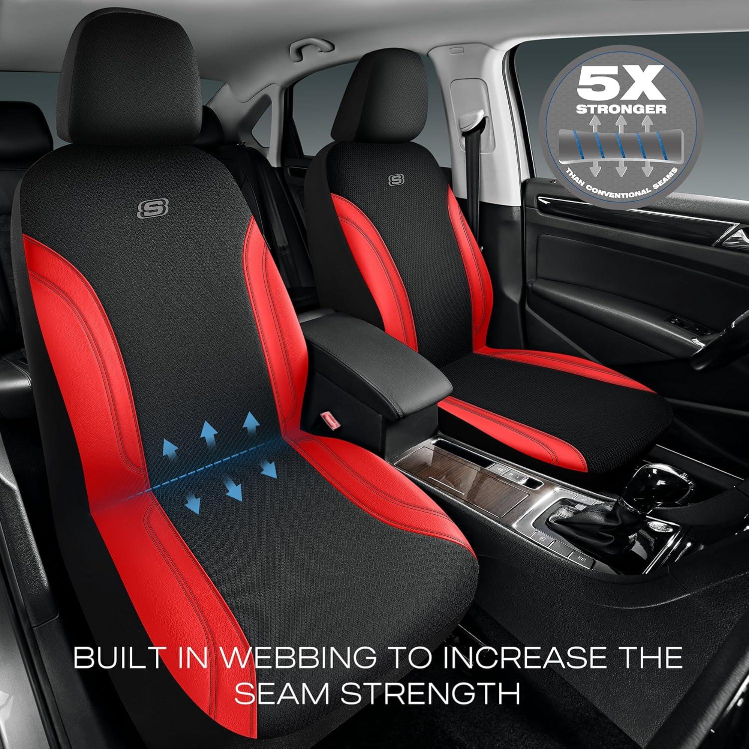 imageSkechers Car Seat Covers Work Leather Seat Covers 5Times Stronger Builtin Webbing Oxford Fabric Front Seat Cover Airbag Compatible Automotive Comfort for Cars Trucks SUVsBlackBlackRed