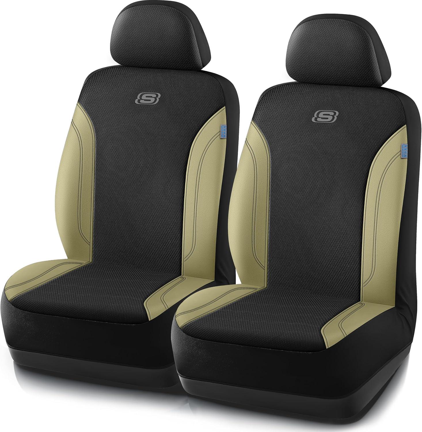 imageSkechers Car Seat Covers Work Leather Seat Covers 5Times Stronger Builtin Webbing Oxford Fabric Front Seat Cover Airbag Compatible Automotive Comfort for Cars Trucks SUVsBlackBlackBeige