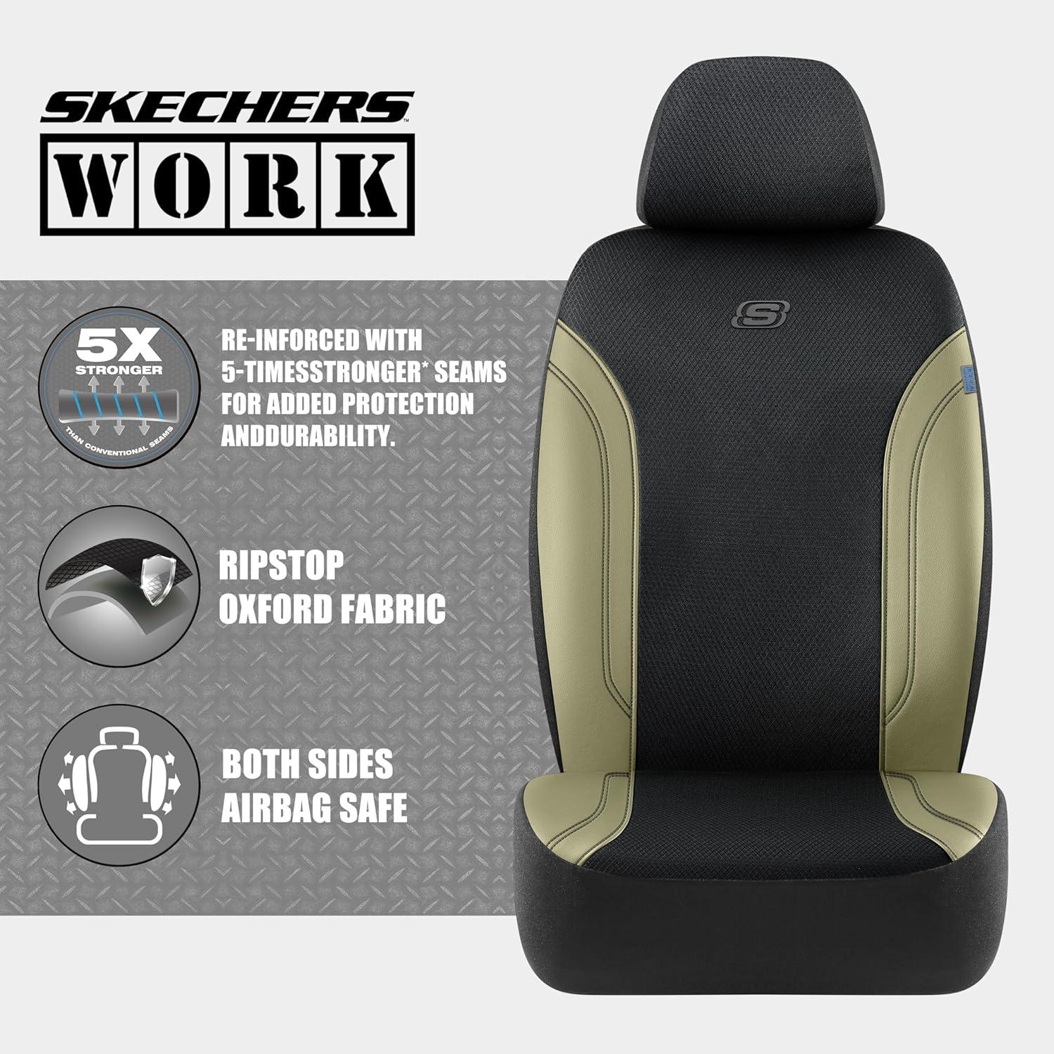 imageSkechers Car Seat Covers Work Leather Seat Covers 5Times Stronger Builtin Webbing Oxford Fabric Front Seat Cover Airbag Compatible Automotive Comfort for Cars Trucks SUVsBlackBlackBeige