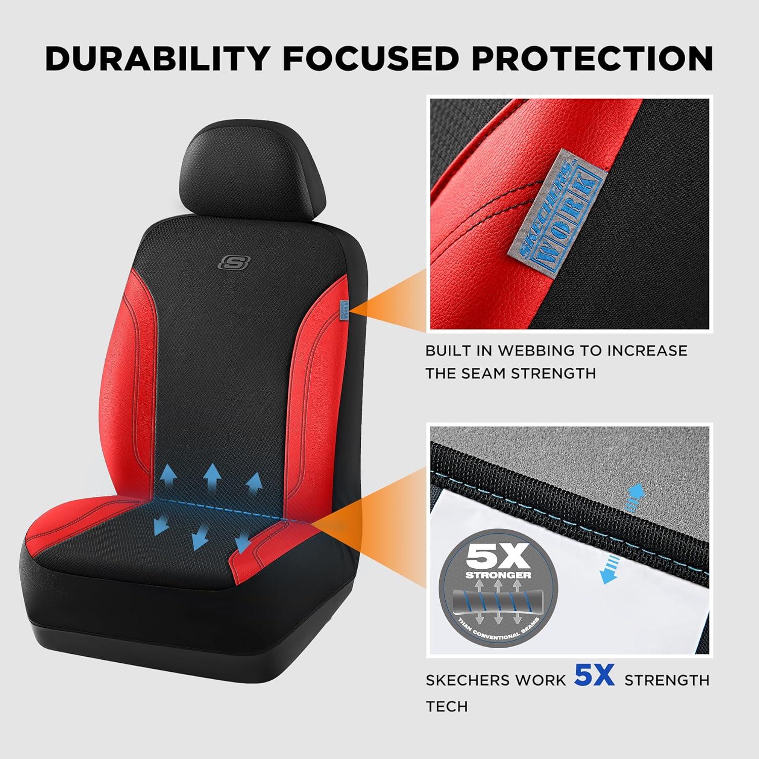 imageSkechers Car Seat Covers Work Leather Seat Covers 5Times Stronger Builtin Webbing Oxford Fabric Front Seat Cover Airbag Compatible Automotive Comfort for Cars Trucks SUVsBlackBlackRed