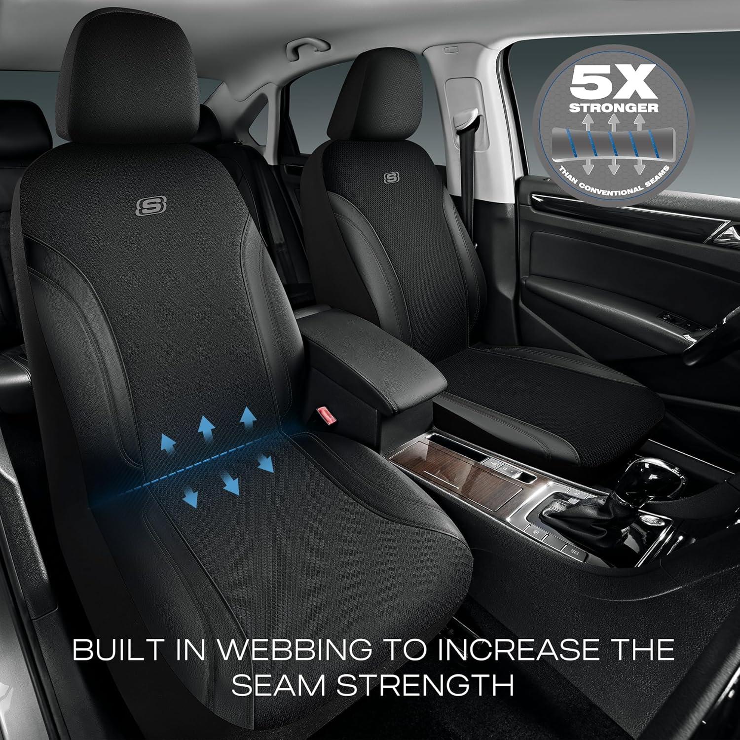 imageSkechers Car Seat Covers Work Leather Seat Covers 5Times Stronger Builtin Webbing Oxford Fabric Front Seat Cover Airbag Compatible Automotive Comfort for Cars Trucks SUVsBlackBlackBlack