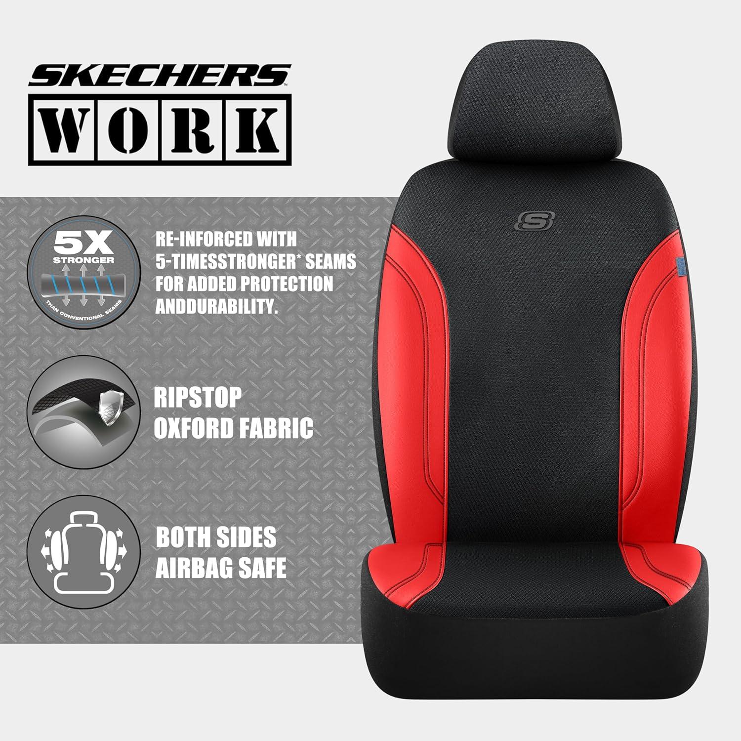 imageSkechers Car Seat Covers Work Leather Seat Covers 5Times Stronger Builtin Webbing Oxford Fabric Front Seat Cover Airbag Compatible Automotive Comfort for Cars Trucks SUVsBlackBlackRed