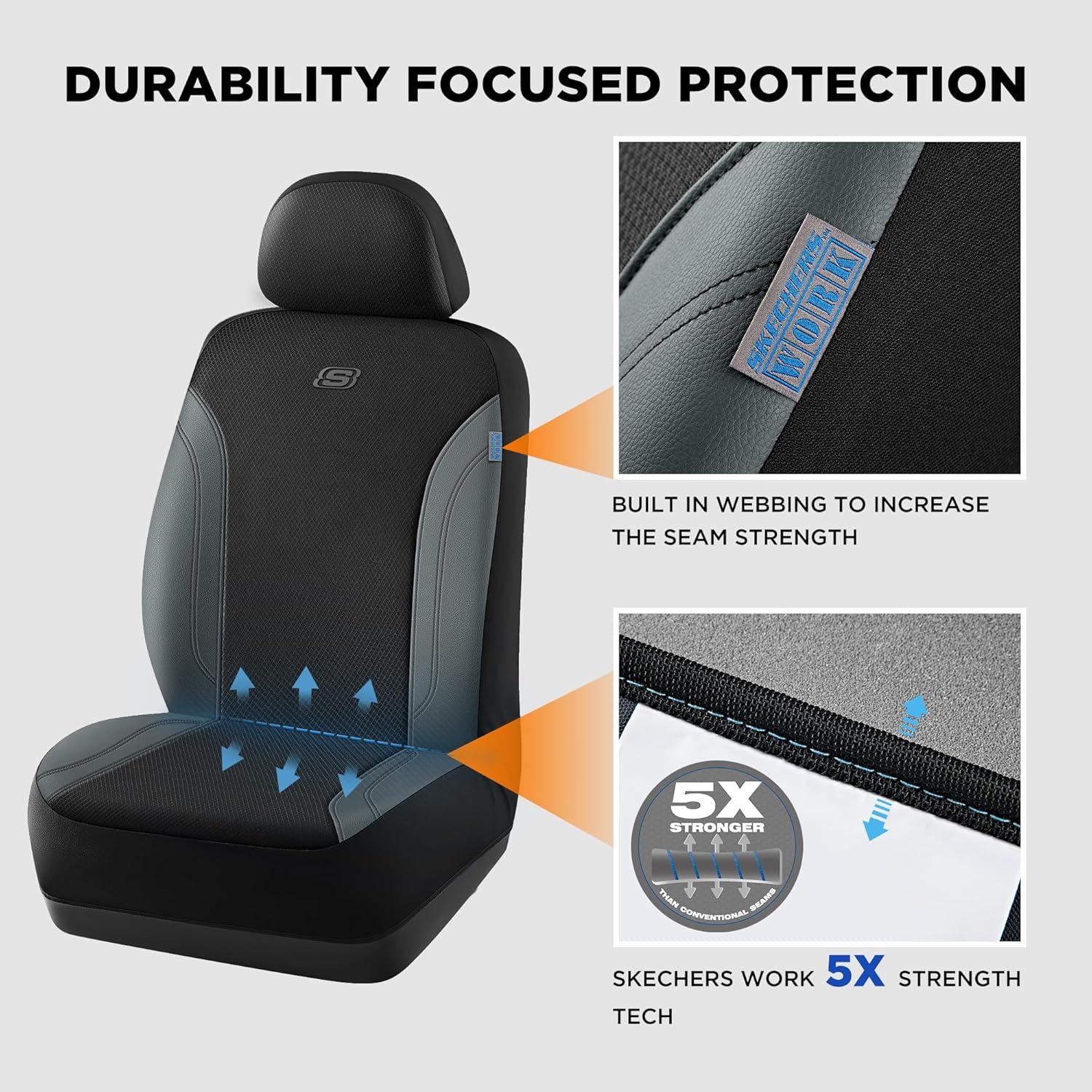 imageSkechers Car Seat Covers Work Leather Seat Covers 5Times Stronger Builtin Webbing Oxford Fabric Front Seat Cover Airbag Compatible Automotive Comfort for Cars Trucks SUVsBlackBlackGrey