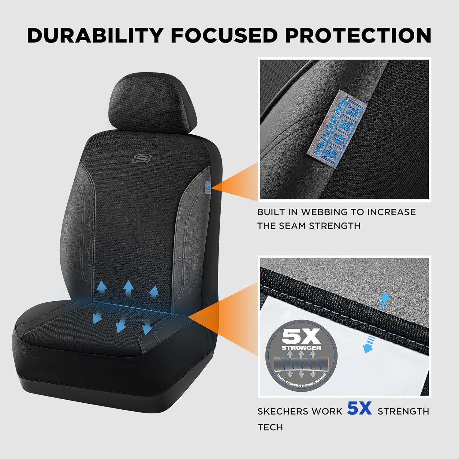 imageSkechers Car Seat Covers Work Leather Seat Covers 5Times Stronger Builtin Webbing Oxford Fabric Front Seat Cover Airbag Compatible Automotive Comfort for Cars Trucks SUVsBlackBlackBlack