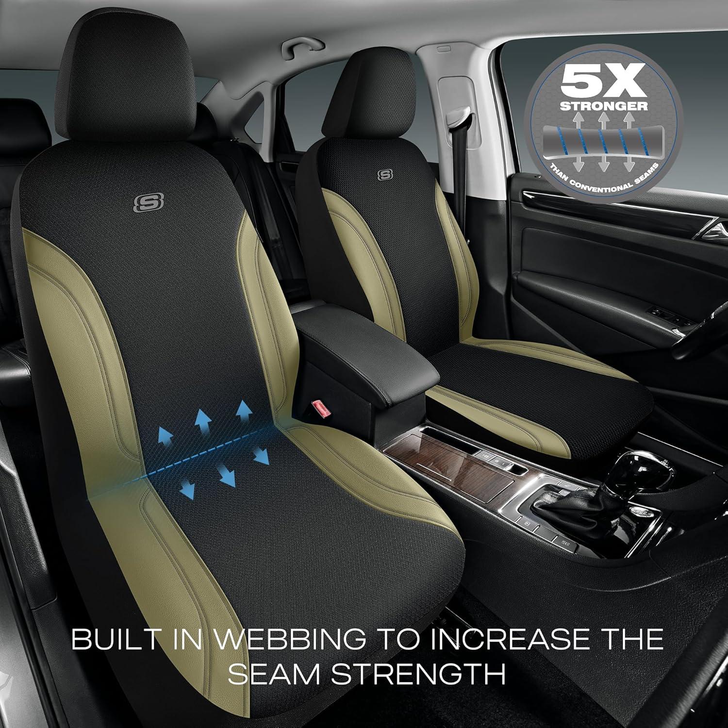 imageSkechers Car Seat Covers Work Leather Seat Covers 5Times Stronger Builtin Webbing Oxford Fabric Front Seat Cover Airbag Compatible Automotive Comfort for Cars Trucks SUVsBlackBlackBeige