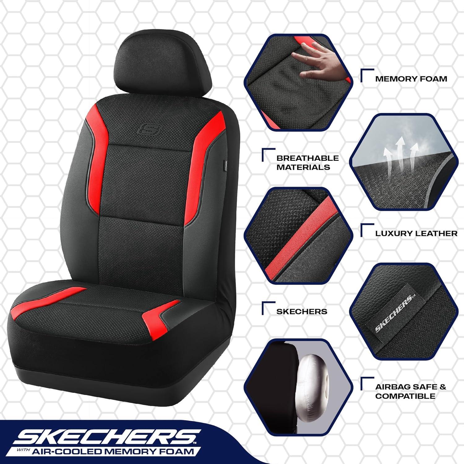 imageSkechers Memory Foam Car Seat Covers Air Cool Mesh Thick Seat Covers Car Seat Full Sets Airbag Compatible Automotive Comfort Protection for Most CarsVansTrucks SUVsRedBlackRed