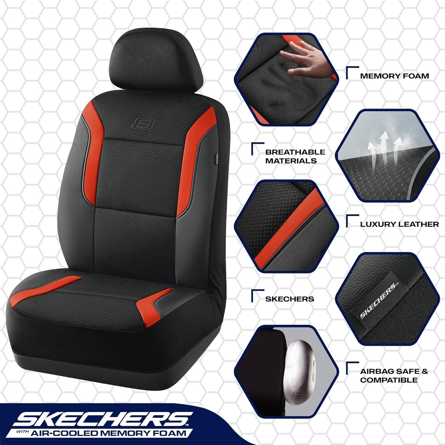 imageSkechers Memory Foam Car Seat Covers Air Cool Mesh Thick Seat Covers Car Seat Full Sets Airbag Compatible Automotive Comfort Protection for Most CarsVansTrucks SUVsRedBlackOrange