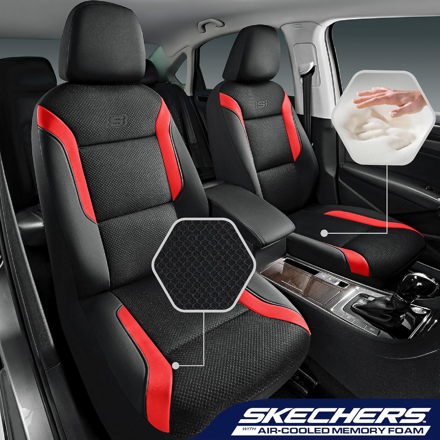 imageSkechers Memory Foam Car Seat Covers Air Cool Mesh Thick Seat Covers Car Seat Full Sets Airbag Compatible Automotive Comfort Protection for Most CarsVansTrucks SUVsRedBlackRed