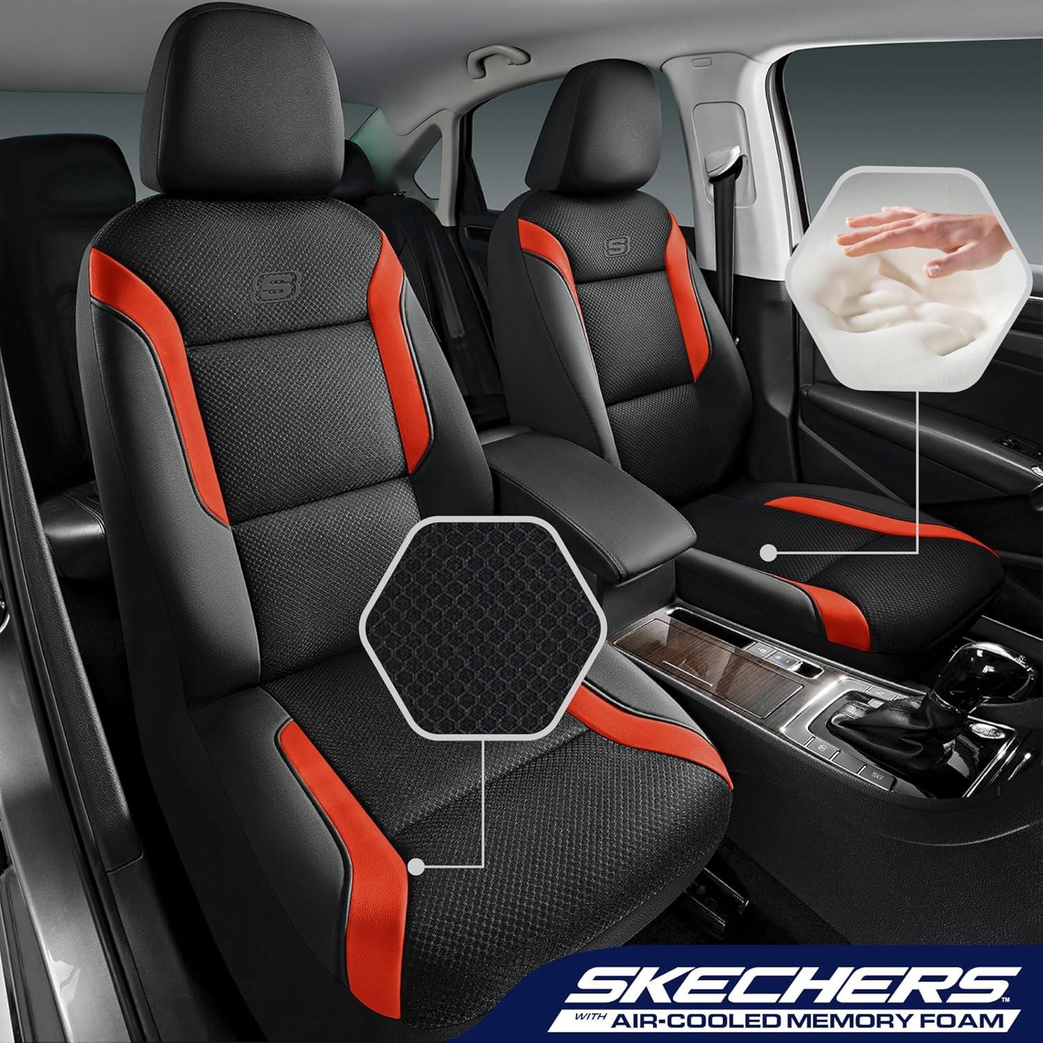 imageSkechers Memory Foam Car Seat Covers Air Cool Mesh Thick Seat Covers Car Seat Full Sets Airbag Compatible Automotive Comfort Protection for Most CarsVansTrucks SUVsRedBlack and Orange