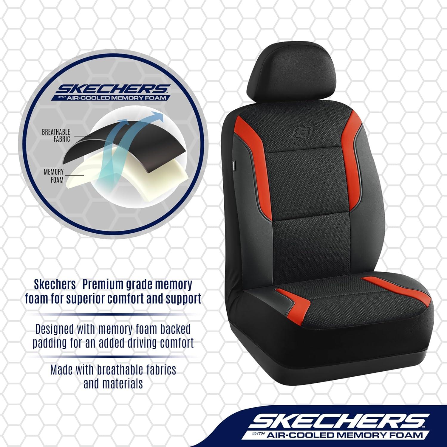 imageSkechers Memory Foam Car Seat Covers Air Cool Mesh Thick Seat Covers Car Seat Full Sets Airbag Compatible Automotive Comfort Protection for Most CarsVansTrucks SUVsRedBlackOrange