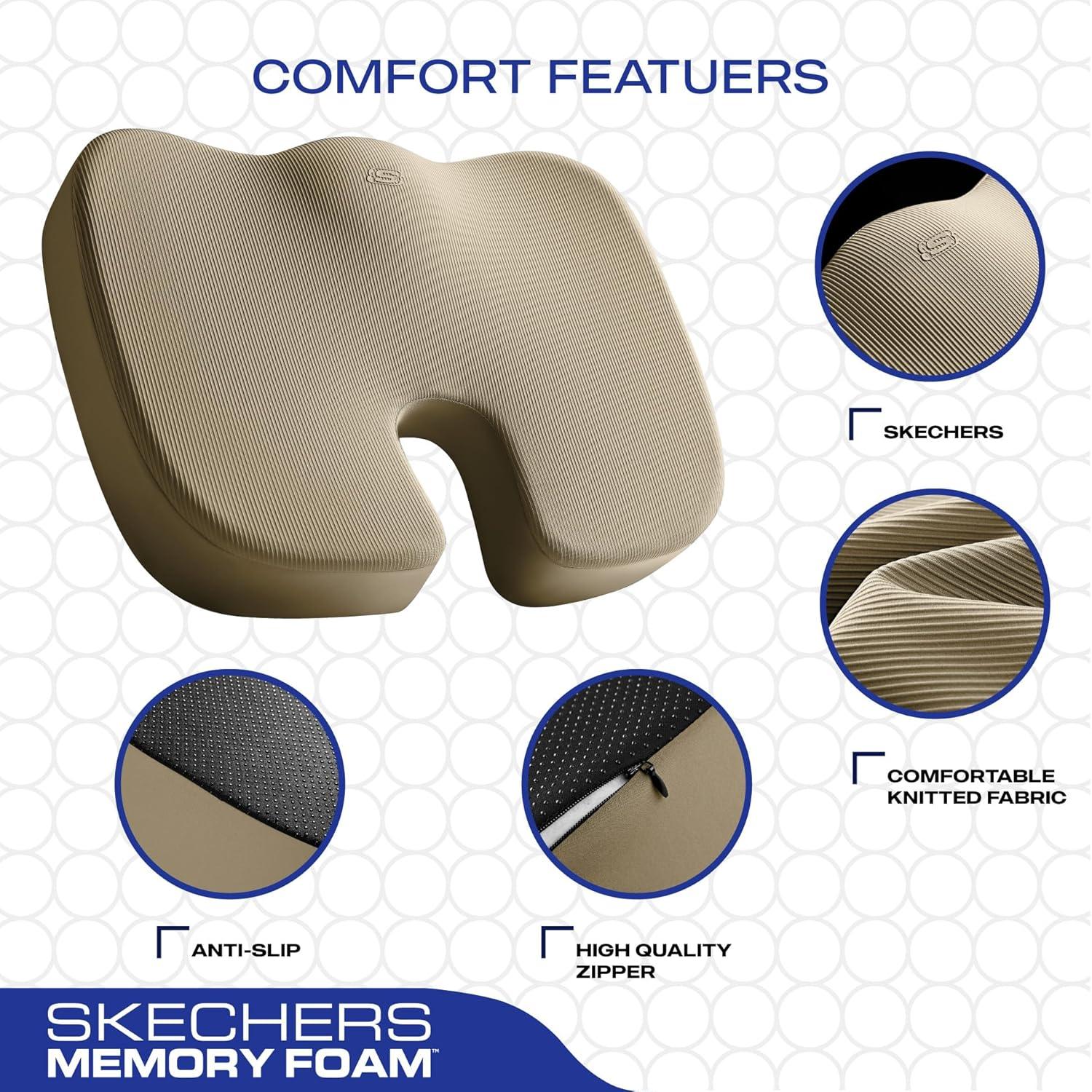 imageSkechers Memory Foam Seat CushionOffice Chair Cushion for Tailbone Pain ReliefButt Pillow for Office ChairCar seat CushionComputer DeskLong Sitting Office Workersand Car DriversBlackBeige